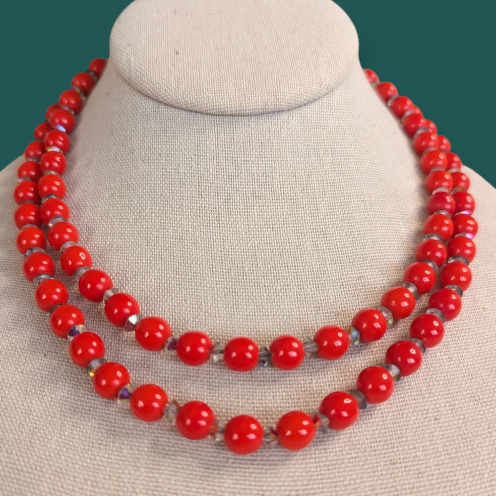Midcentury Double Strand Choker Necklace ~ red bead & aurora Borealis spacer